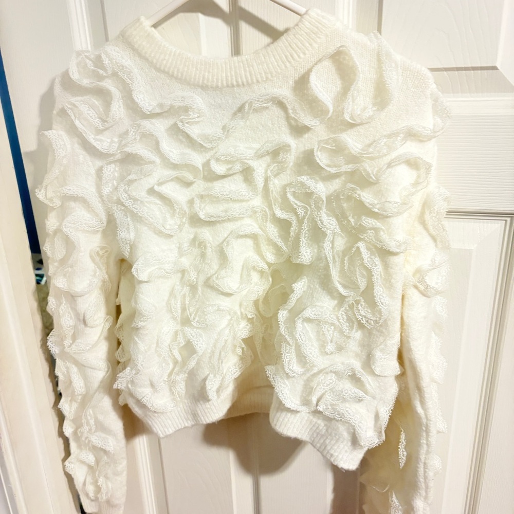 Zara Cream Ruffled Crew Neck Sweater size small